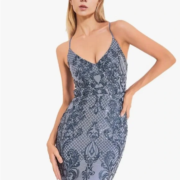 Women's V-Neck Suspender Sparkling Sequin Dress Spaghetti Strap Backless Sexy - Picture 6 of 7